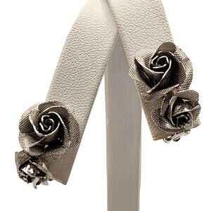 1950s Vintage Silver Mesh Rose Clip-On Earrings
